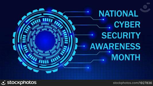 National Cyber Security Awareness Month NCSAM is observed in October in USA. Hud elements on the grid, globale icon, concept vector are shown on ultaviolet background for poster, website, app.. National Cyber Security Awareness Month NCSAM is observed in October in USA.