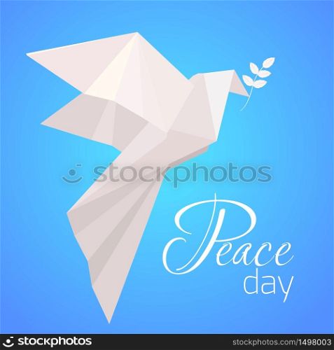 National Day of Peace. White origami pigeon with a branch of olive. Vector illustration for your creativity. National Day of Peace. White origami pigeon with a branch of olive.