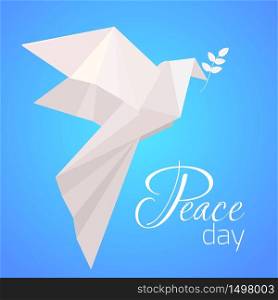 National Day of Peace. White origami pigeon with a branch of olive. Vector illustration for your creativity. National Day of Peace. White origami pigeon with a branch of olive.