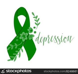 National Depression Education and Awareness Month October handwritten lettering and green support ribbon. Web banner vector template art. National Depression Education and Awareness Month October handwritten lettering and green support ribbon. Web banner vector template