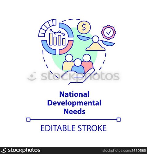 National developmental needs concept icon. Principle of budget planning abstract idea thin line illustration. Isolated outline drawing. Editable stroke. Arial, Myriad Pro-Bold fonts used. National developmental needs concept icon
