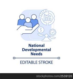 National developmental needs light blue concept icon. Principle of budget planning abstract idea thin line illustration. Isolated outline drawing. Editable stroke. Arial, Myriad Pro-Bold fonts used. National developmental needs light blue concept icon