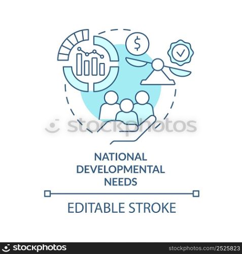 National developmental needs turquoise concept icon. Principle of budget planning abstract idea thin line illustration. Isolated outline drawing. Editable stroke. Arial, Myriad Pro-Bold fonts used. National developmental needs turquoise concept icon