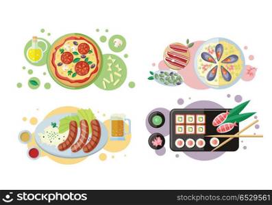 National Dishes and Drinks Web Banners. Vector. Pizza. Sushi. Sausage. Spanish cuisine. Paella. Jamon dry-cured ham. National dishes. Food banners horizontal concepts. German, Japanese, Italian Spanish cuisine famous meals Restaurants page menu