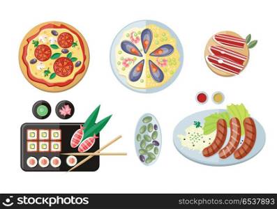 National Dishes and Drinks Web Banners. Vector. Pizza. Sushi. Sausage. Spanish cuisine. Paella. Jamon dry-cured ham. National dishes. Food banners horizontal concepts. German, Japanese, Italian Spanish cuisine famous meals Restaurants page menu