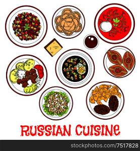 National dishes of russian cuisine for dinner menu icon with borscht and cold soup with rye bread kvass, beef stroganoff and cutlets with potatoes, meat and vegetable salads, dumplings and meat pies piroshki with fruity drink kompot. Sketch style. National food and drinks of russian cuisine sketch