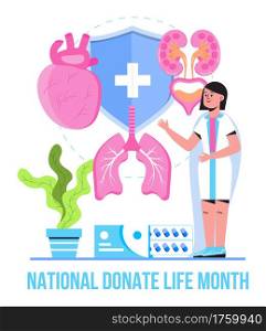 National Donate Life Month is celebrated in April. Heart, kidneys, lungs donor concept vector for medical web. banner, app. Human organ donor transplantation concept.. National Donate Life Month is celebrated in April. Heart, kidneys, lungs donor concept vector for medical web. banner, app. Human organ donor transplantation