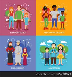 National Families Icons Set . National families icons set with European Afro-American Muslim and Asian nationalities flat isolated vector illustration