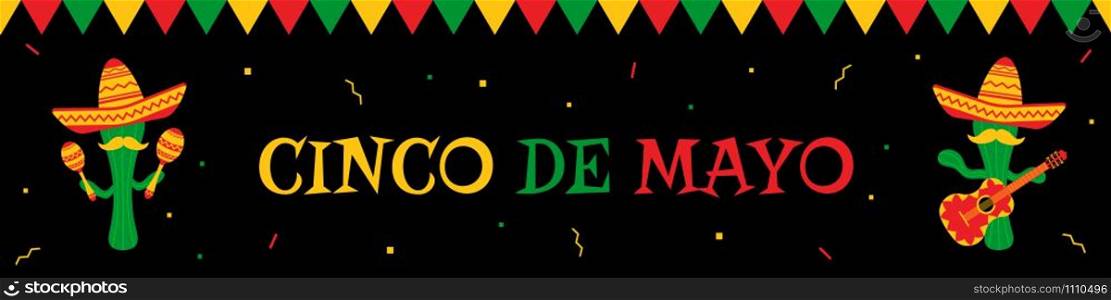 National festival cinco de mayo web banner. Festive colors bunting, big title and cwo funny cactus mariachi in sombrero with guitar and maracas. Vector illustration for party advert on cinco de mayo. Cactus mariachi and bunting cinco de mayo banner