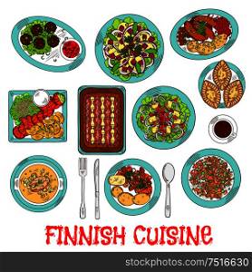 National finnish cuisine dishes with smoked salmon and vegetables, rice and fish rye pies, sausages and meatballs with berry jam, cabbage and reindeer stews, salads with apples, cheese and cloudberries, soup and coffee. Finnish national cuisine dishes set