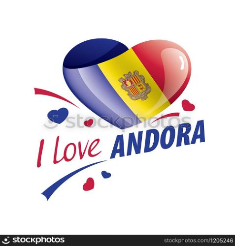 National flag of the Andora in the shape of a heart and the inscription I love Andora. Vector illustration.. National flag of the Andora in the shape of a heart and the inscription I love Andora. Vector illustration