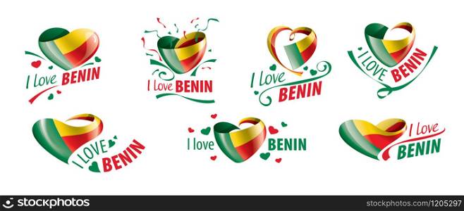 National flag of the Benin in the shape of a heart and the inscription I love Benin. Vector illustration.. National flag of the Benin in the shape of a heart and the inscription I love Benin. Vector illustration