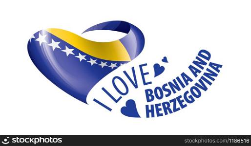 National flag of the Bosnia and Herzegovina in the shape of a heart and the inscription I love Bosnia and Herzegovina. Vector illustration.. National flag of the Bosnia and Herzegovina in the shape of a heart and the inscription I love Bosnia and Herzegovina. Vector illustration
