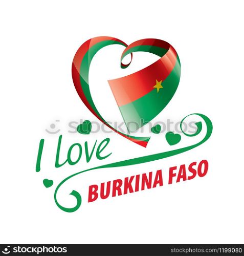 National flag of the Burkina Faso in the shape of a heart and the inscription I love Burkina Faso. Vector illustration.. National flag of the Burkina Faso in the shape of a heart and the inscription I love Burkina Faso. Vector illustration