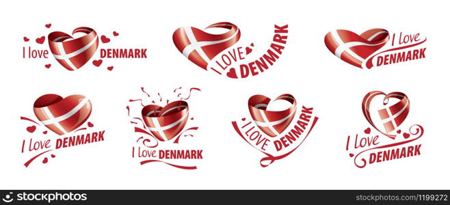 National flag of the Denmark in the shape of a heart and the inscription I love Denmark. Vector illustration.. National flag of the Denmark in the shape of a heart and the inscription I love Denmark. Vector illustration