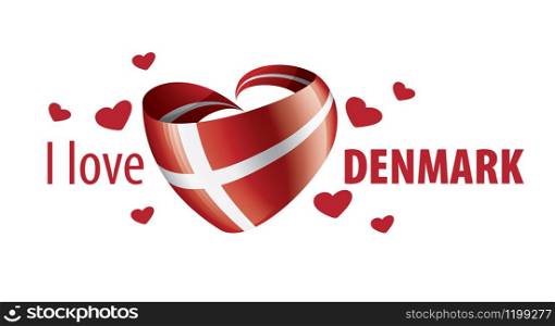 National flag of the Denmark in the shape of a heart and the inscription I love Denmark. Vector illustration.. National flag of the Denmark in the shape of a heart and the inscription I love Denmark. Vector illustration
