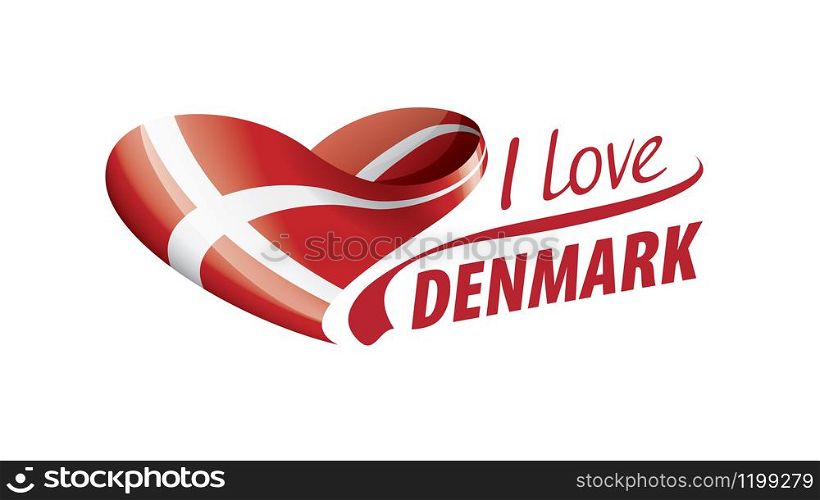 National flag of the Denmark in the shape of a heart and the inscription I love Denmark. Vector illustration.. National flag of the Denmark in the shape of a heart and the inscription I love Denmark. Vector illustration