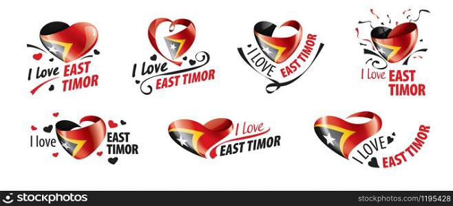 National flag of the East Timor in the shape of a heart and the inscription I love East Timor. Vector illustration.. National flag of the East Timor in the shape of a heart and the inscription I love East Timor. Vector illustration