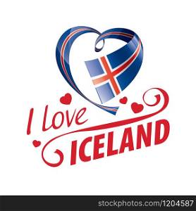 National flag of the Iceland in the shape of a heart and the inscription I love Iceland. Vector illustration.. National flag of the Iceland in the shape of a heart and the inscription I love Iceland. Vector illustration