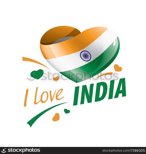 National flag of the India in the shape of a heart and the inscription I love India. Vector illustration.. National flag of the India in the shape of a heart and the inscription I love India. Vector illustration