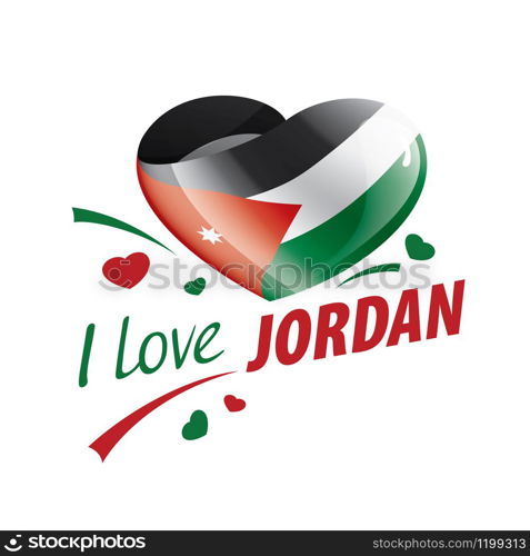 National flag of the Jordan in the shape of a heart and the inscription I love Jordan. Vector illustration.. National flag of the Jordan in the shape of a heart and the inscription I love Jordan. Vector illustration