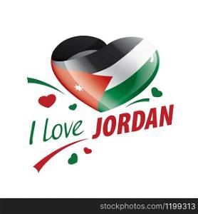 National flag of the Jordan in the shape of a heart and the inscription I love Jordan. Vector illustration.. National flag of the Jordan in the shape of a heart and the inscription I love Jordan. Vector illustration