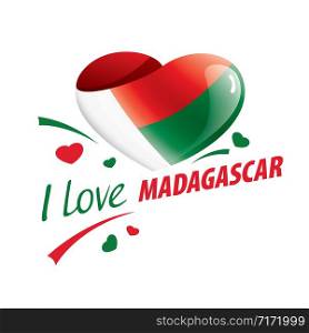 National flag of the Madagascar in the shape of a heart and the inscription I love Madagascar. Vector illustration.. National flag of the Madagascar in the shape of a heart and the inscription I love Madagascar. Vector illustration