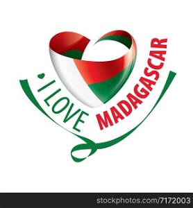 National flag of the Madagascar in the shape of a heart and the inscription I love Madagascar. Vector illustration.. National flag of the Madagascar in the shape of a heart and the inscription I love Madagascar. Vector illustration