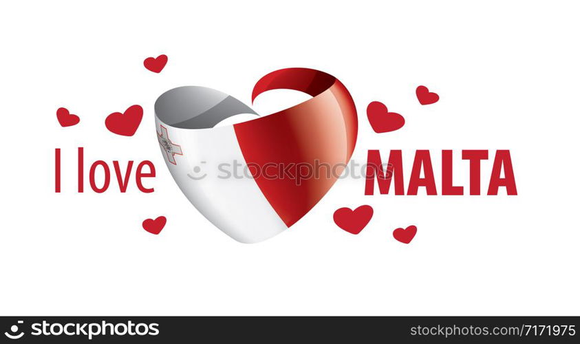 National flag of the Malta in the shape of a heart and the inscription I love Malta. Vector illustration.. National flag of the Malta in the shape of a heart and the inscription I love Malta. Vector illustration