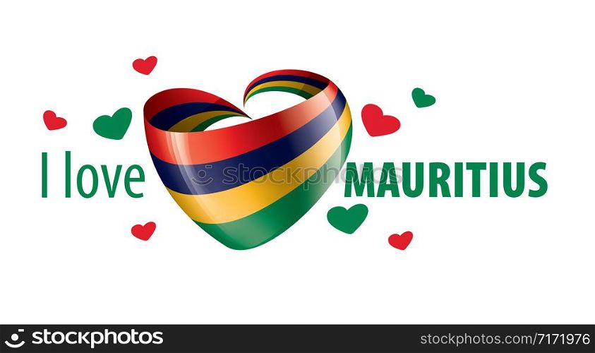 National flag of the Mauritius in the shape of a heart and the inscription I love Mauritius. Vector illustration.. National flag of the Mauritius in the shape of a heart and the inscription I love Mauritius. Vector illustration