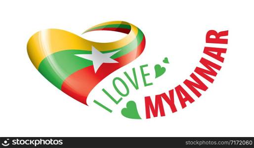 National flag of the Myanmar in the shape of a heart and the inscription I love Myanmar. Vector illustration.. National flag of the Myanmar in the shape of a heart and the inscription I love Myanmar. Vector illustration