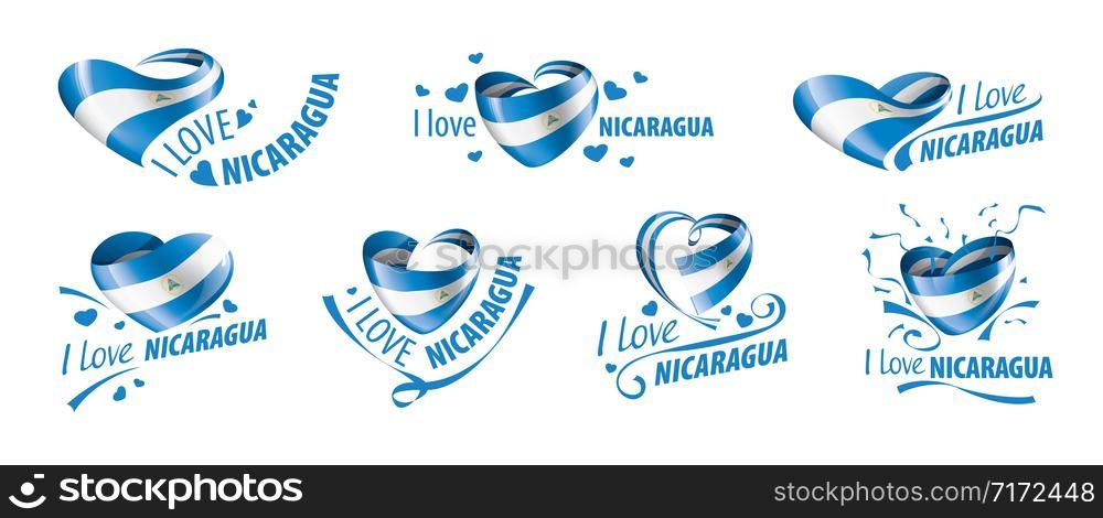 National flag of the Nicaragua in the shape of a heart and the inscription I love Nicaragua. Vector illustration.. National flag of the Nicaragua in the shape of a heart and the inscription I love Nicaragua. Vector illustration