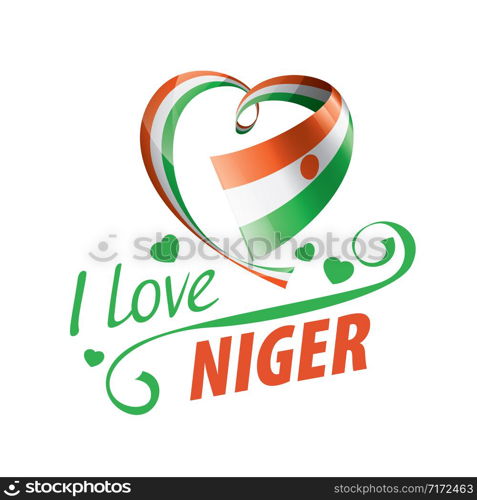 National flag of the Niger in the shape of a heart and the inscription I love Niger. Vector illustration.. National flag of the Niger in the shape of a heart and the inscription I love Niger. Vector illustration