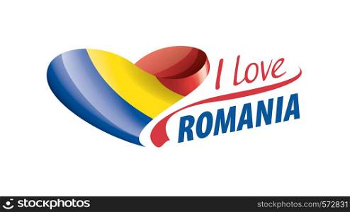 National flag of the Romania in the shape of a heart and the inscription I love Romania. Vector illustration.. National flag of the Romania in the shape of a heart and the inscription I love Romania. Vector illustration