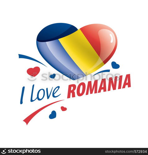 National flag of the Romania in the shape of a heart and the inscription I love Romania. Vector illustration.. National flag of the Romania in the shape of a heart and the inscription I love Romania. Vector illustration