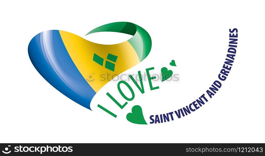 National flag of the Saint Vincent and the Grenadines in the shape of a heart and the inscription I love Saint Vincent and the Grenadines. Vector illustration.. National flag of the Saint Vincent and the Grenadines in the shape of a heart and the inscription I love Saint Vincent and the Grenadines. Vector illustration