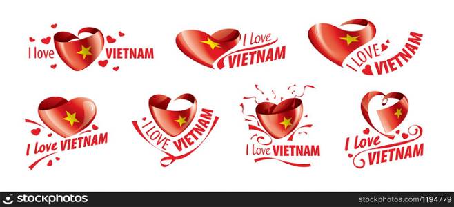 National flag of the Vietnam in the shape of a heart and the inscription I love Vietnam. Vector illustration.. National flag of the Vietnam in the shape of a heart and the inscription I love Vietnam. Vector illustration