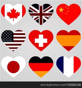 National flags heart signs set. Vector eps10