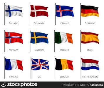 National flags set with Finland and Denmark realistic isolated vector illustration