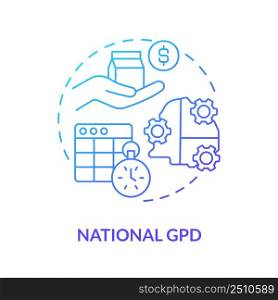 National GDP blue gradient concept icon. Measure of human development. Economics growth tendency abstract idea thin line illustration. Isolated outline drawing. Myriad Pro-Bold font used. National GDP blue gradient concept icon