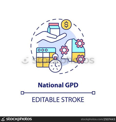 National GDP concept icon. Measure of human development. Economics growth abstract idea thin line illustration. Isolated outline drawing. Editable stroke. Arial, Myriad Pro-Bold fonts used. National GDP concept icon
