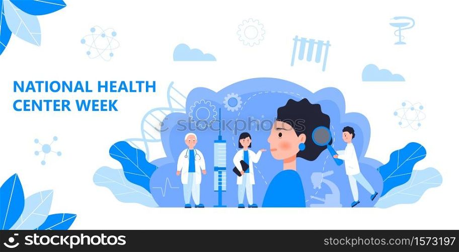 National Health Center Week in August. Healthcare, clinic center concept vector. Tiny doctors treat, diagnose, carry out prevention, webinar. It is for landing page, UI, flyer, medical website.. National Health Center Week in August. Healthcare, clinic center concept vector. Tiny doctors treat, diagnose, carry out prevention, webinar. It is for landing page, UI, flyer, medical websites.