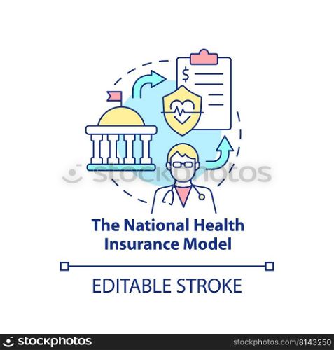 National health insurance model concept icon. Type of healthcare systems abstract idea thin line illustration. Isolated outline drawing. Editable stroke. Arial, Myriad Pro-Bold fonts used. National health insurance model concept icon