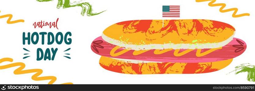 National Hot Dog Day. A huge beautiful delicious hot dog and a usa flag. Vector illustration, holiday banner.. Hot dog. Fast food. Sausage in a bun. Vector illustration.