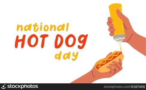 National hot dog day vector banner with hand holding hot dog. Hot dog isolated on white. Vector illustration