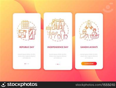 National Indian holidays onboarding mobile app page screen with concepts. Public holidays in India. Walkthrough 3 steps graphic instructions. UI vector template with RGB color illustrations. National Indian holidays onboarding mobile app page screen with concepts