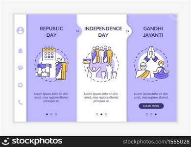 National Indian holidays onboarding vector template. Bank holidays. Republic Day. Independence Day. Responsive mobile website with icons. Webpage walkthrough step screens. RGB color concept. National Indian holidays onboarding vector template