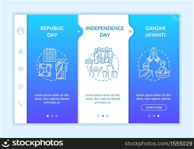 National Indian holidays onboarding vector template. Public holidays in India. Gandhi Jayanti. Responsive mobile website with icons. Webpage walkthrough step screens. RGB color concept. National Indian holidays onboarding vector template