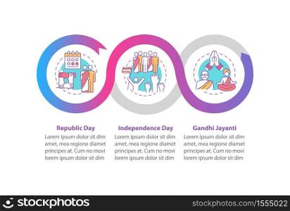 National Indian holidays vector infographic template. Bank holidays. Presentation design elements. Data visualization with 3 steps. Process timeline chart. Workflow layout with linear icons. National Indian holidays vector infographic template