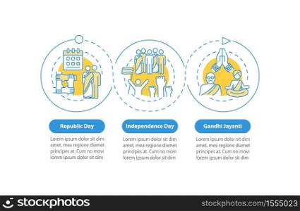 National Indian holidays vector infographic template. Public holidays in India. Presentation design elements. Data visualization with 3 steps. Process timeline chart. Workflow layout with linear icons. National Indian holidays vector infographic template